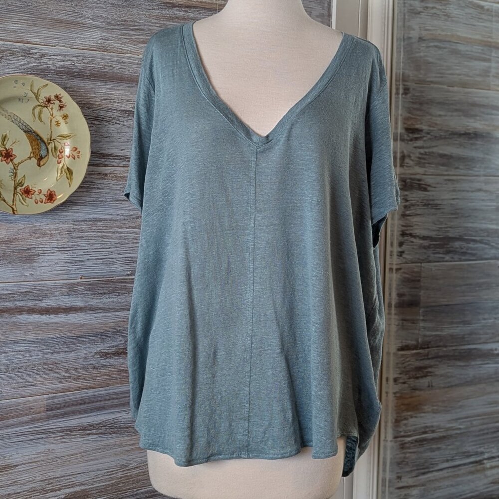 Tahari 100% Linen Womens Top Blue Green V-Neck Short Sleeve Pullover Size 1X